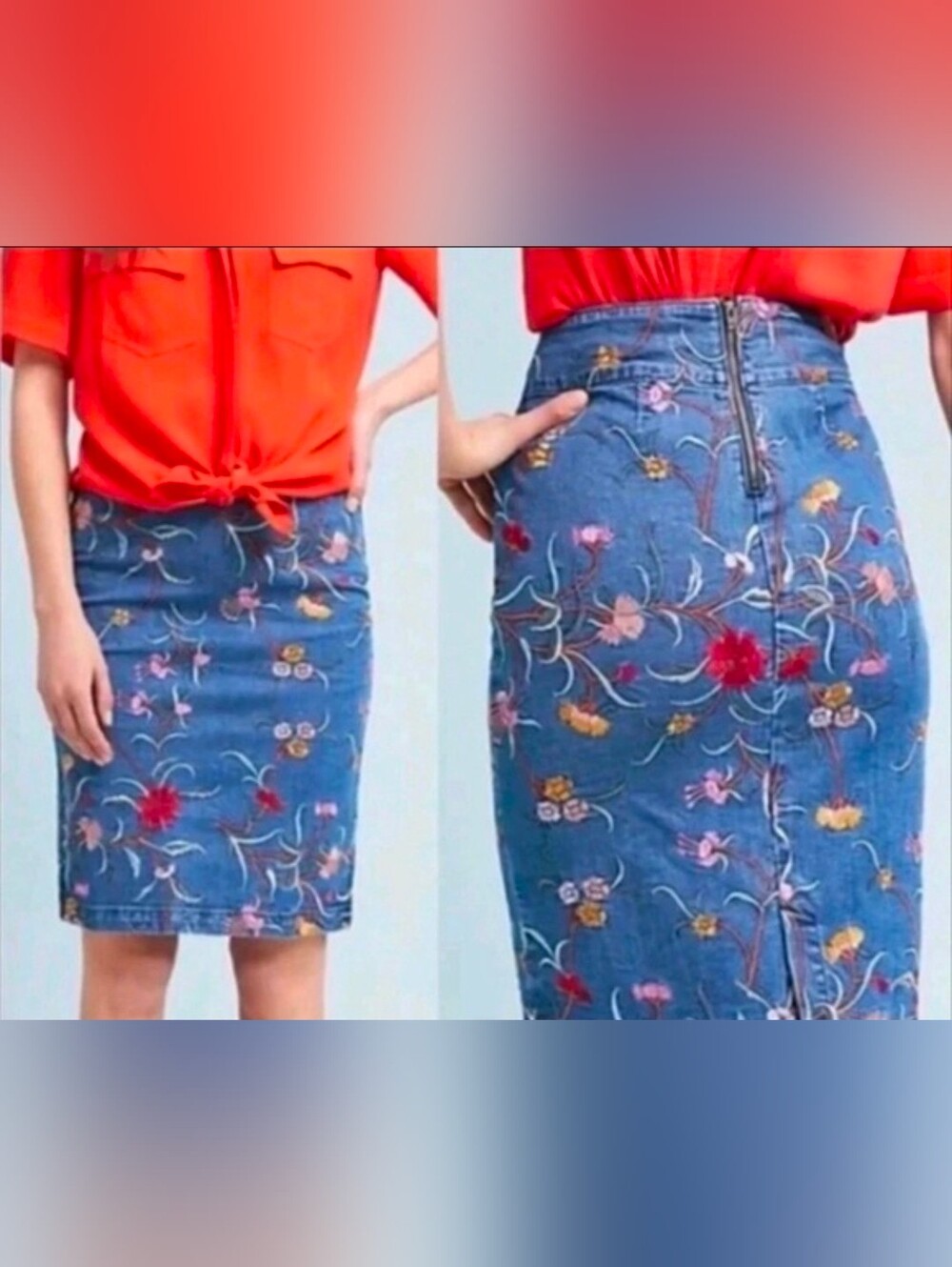 Maeve by Anthropologie Floral Embroidered Denim Pencil Skirt Size 2 Midi Mini